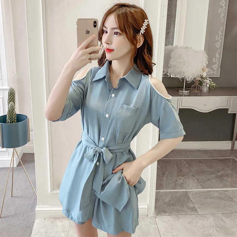 Đồ hai mảnh gồm áo và quần đùi ống rộng / Áo liền quần mỏng phong cách cá tính hợp thời trang