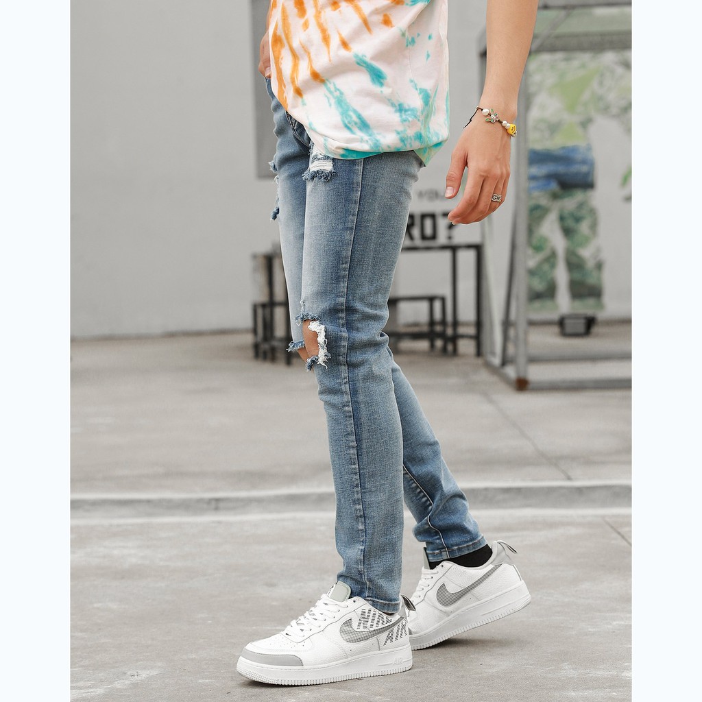 Quần Skinny Jeans Nam-Màu Xanh Đậm-Rách Gối To-Chất Liệu Cotton Co Giãn-Ống Đứng Dáng-Ống Ôm Chân Chuẩn Skinny | BigBuy360 - bigbuy360.vn