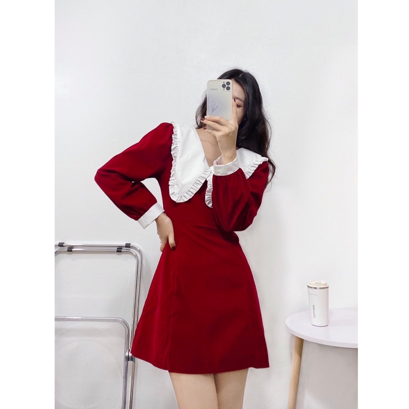 Váy nhung dáng xoè phối cổ bèo trắng hai màu đen đỏ