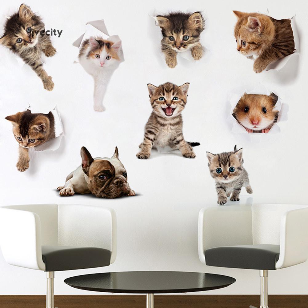 Sticker dán tường họa tiết 3D hình con chó và con mèo dùng trang trí nhà tắm , phòng ngủ