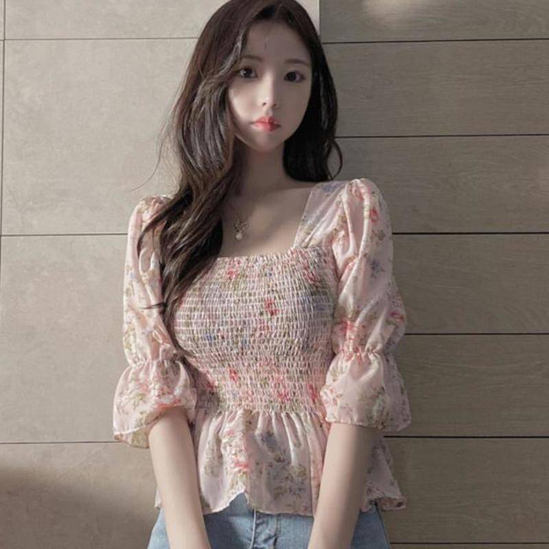 Áo Sơ Mi Chiffon Tay Loe Ôm Eo In Họa Tiết Hoa Phong Cách Mới Cho Nữ