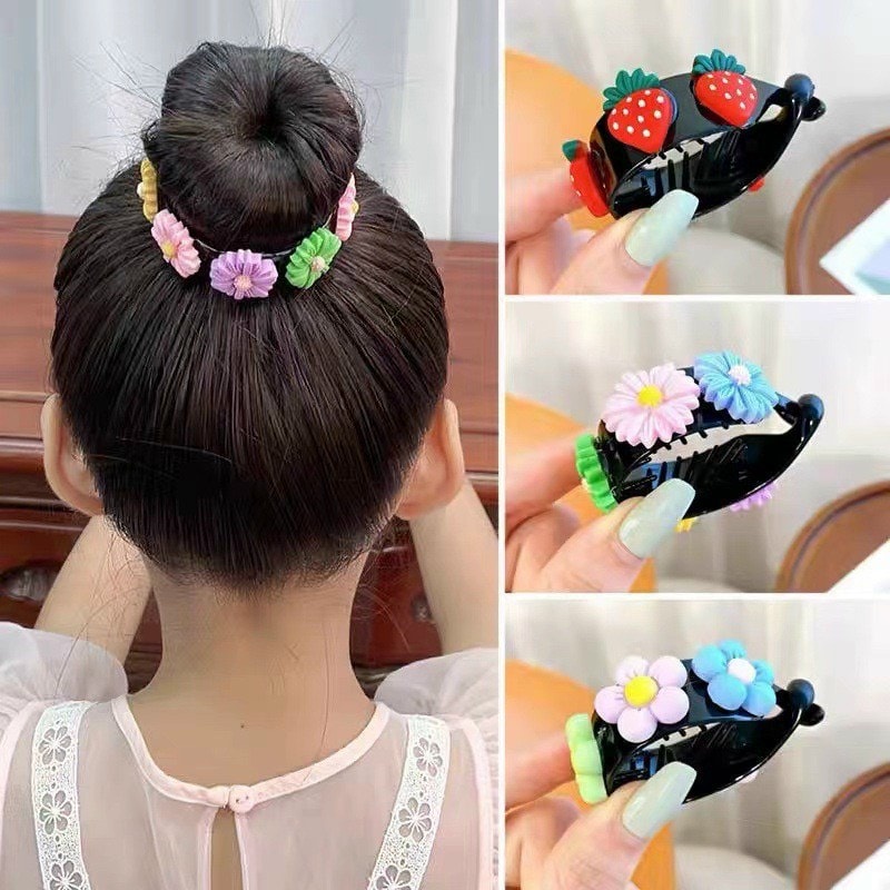Kẹp tóc búi gắn hoa cho bé ( giao ngẫu nhiên ), kẹp búi tóc nửa đầu tạo kiểu tóc đuôi ngựa cho bé