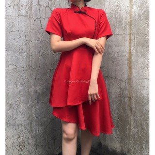 Đầm Đỏ Cổ Tàu Lêch Tà Mặc Tết, Áo Dài Cách Tân Nữ Set Trang Pệch