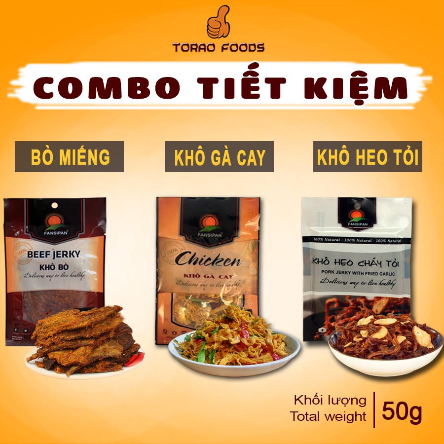 Combo 3 gói 50g - Khô bò miếng, khô gà lá chanh, heo cháy tỏi