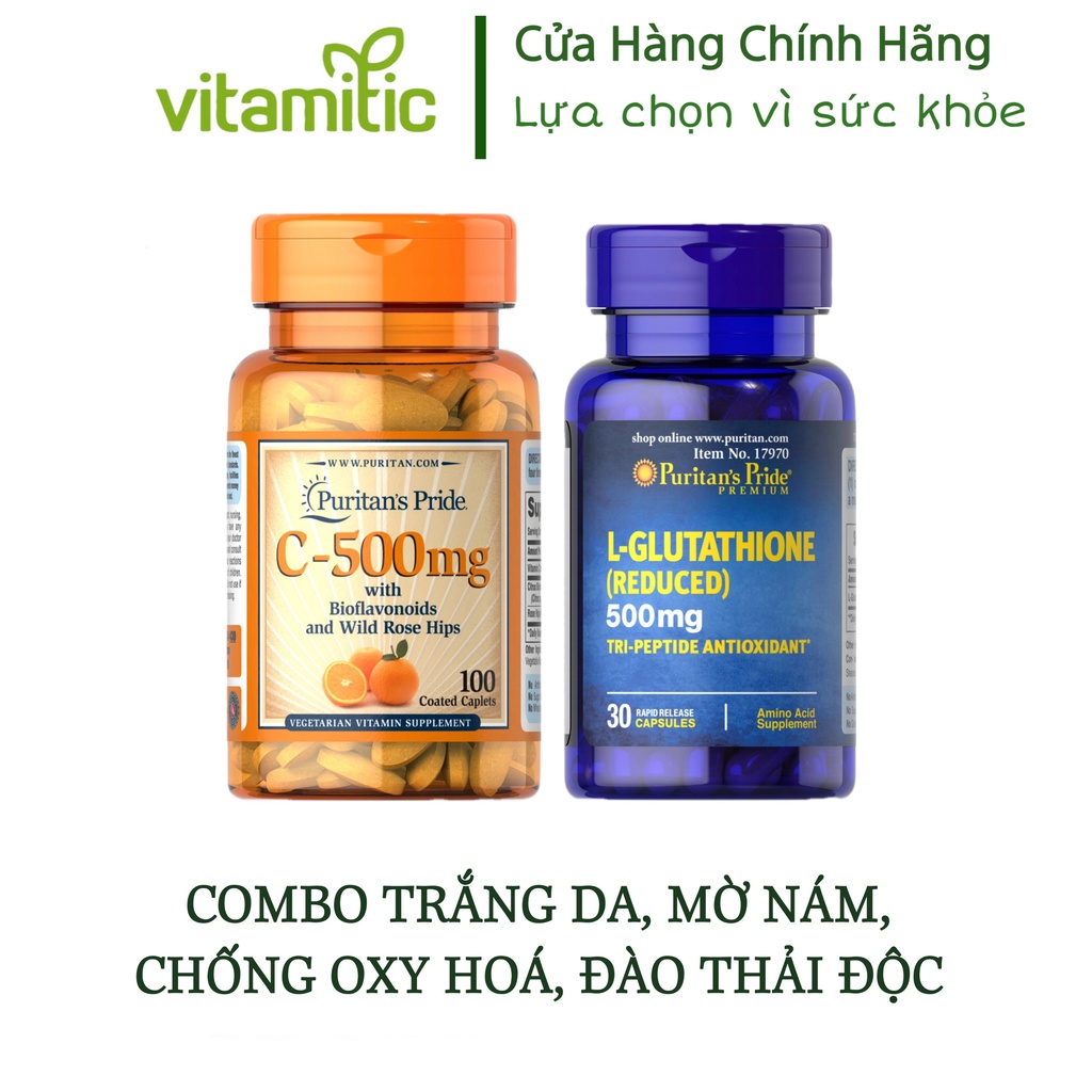 Combo viên uống hỗ trợ Trắng Da, Mờ Nám, Chống Oxy Hoá, Đào Thải Độc L- Glutathione & Vitamin C Puritan’s Pride