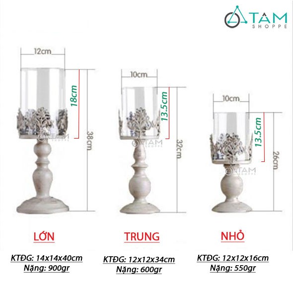 Chân nến để bàn đế trụ lõi kính cổ điển Châu Âu H-CHN-18