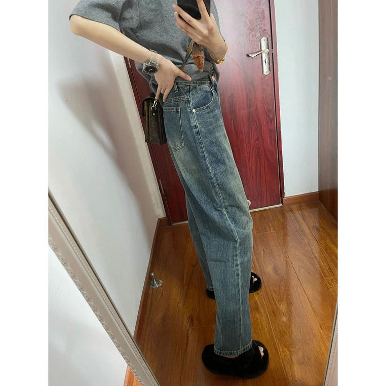 ❈Quần Jeans Dài Lưng Cao Ống Rộng Phong Cách Retro Mỹ Cho Nữ