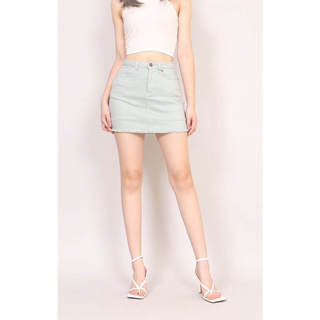 Quần Váy Jean Nữ Dáng A  Xanh Ngọc Trơn Gấu Tua co giãn CT Jeans