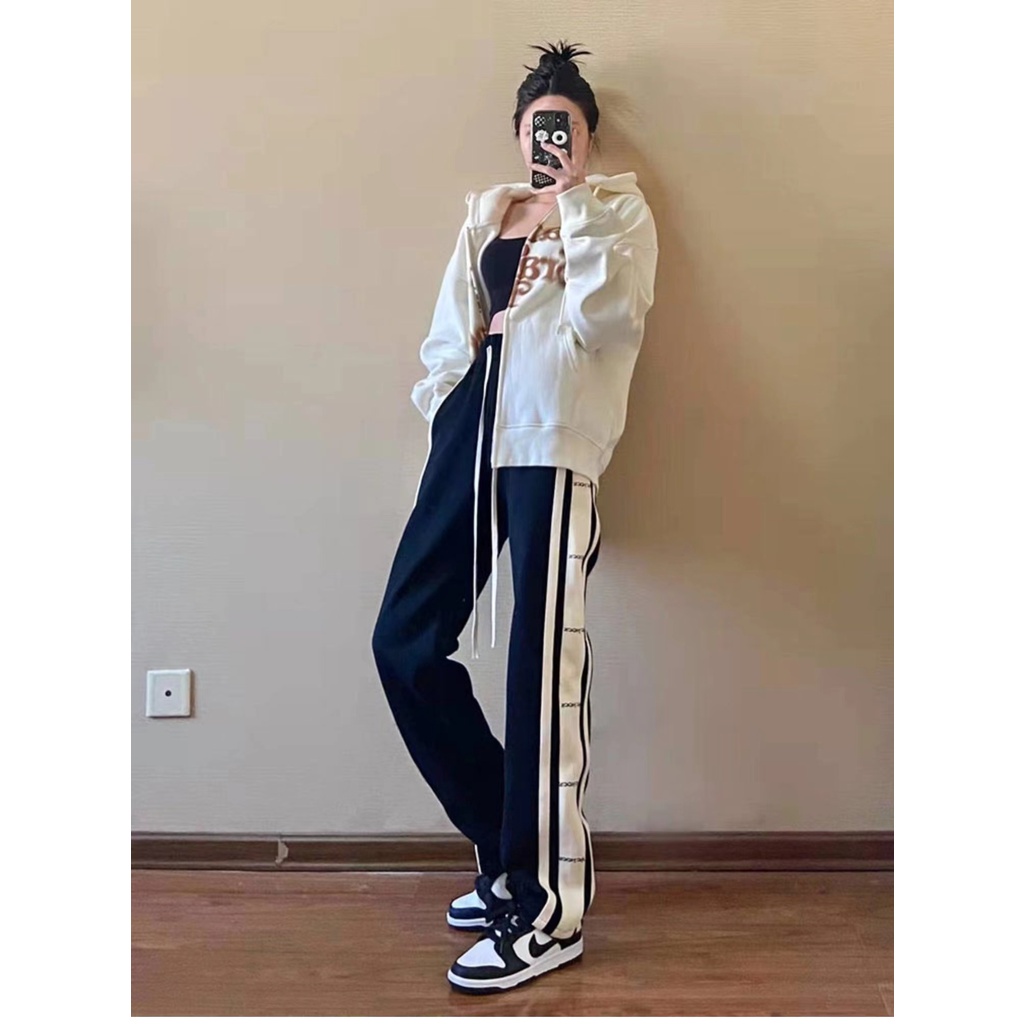 【ZHELIHANGFEI】Quần Thể Thao Lưng Cao Ống Rộng Họa Tiết Kẻ Sọc Phong Cách Đường Phố