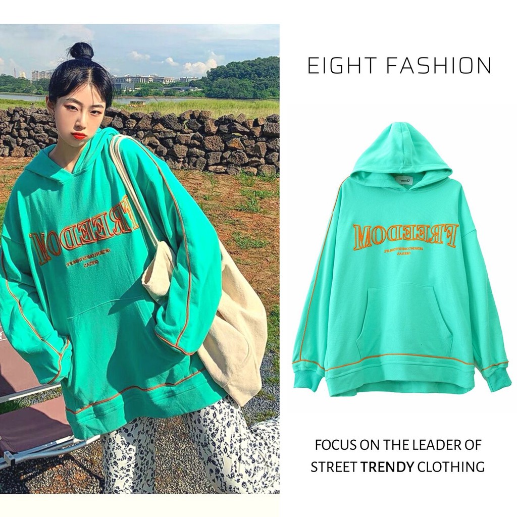 Áo Hoodie Thun Cotton Thêu Chữ FREEDOM Mặc Mát Vào Mùa Hè Phong Cách Hàn Có Mũ Trùm Đầu Áo Tay Dài EIGHTFASHION HD101