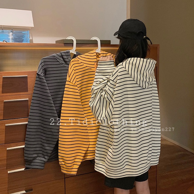 ORDER Áo khoác ulzzang kẻ ngang form rộng oversize có nón to / áo khoác kẻ sọc ngang hoodie tay dài nón to ORDER taobao