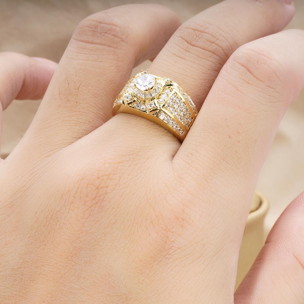 Nhẫn nam mặt đá viền đá mạ vàng 18K KIM JEWELRY cam kết ko phai màu nhẫn nam viền đính đá trắng kiểu dáng sang trọn
