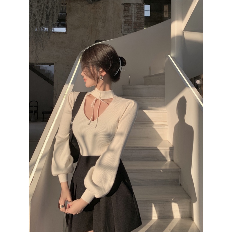 Áo Len Bằng Vải Dệt Kim Tay Phồng Dài Cổ Chữ V Thời Trang Hàn Quốc Sành Điệu Cho Nữ