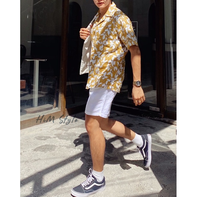 Áo Sơ Mi Nam Tay Ngắn Linen Tưng In Hoạ Tiết Chiếc Lá