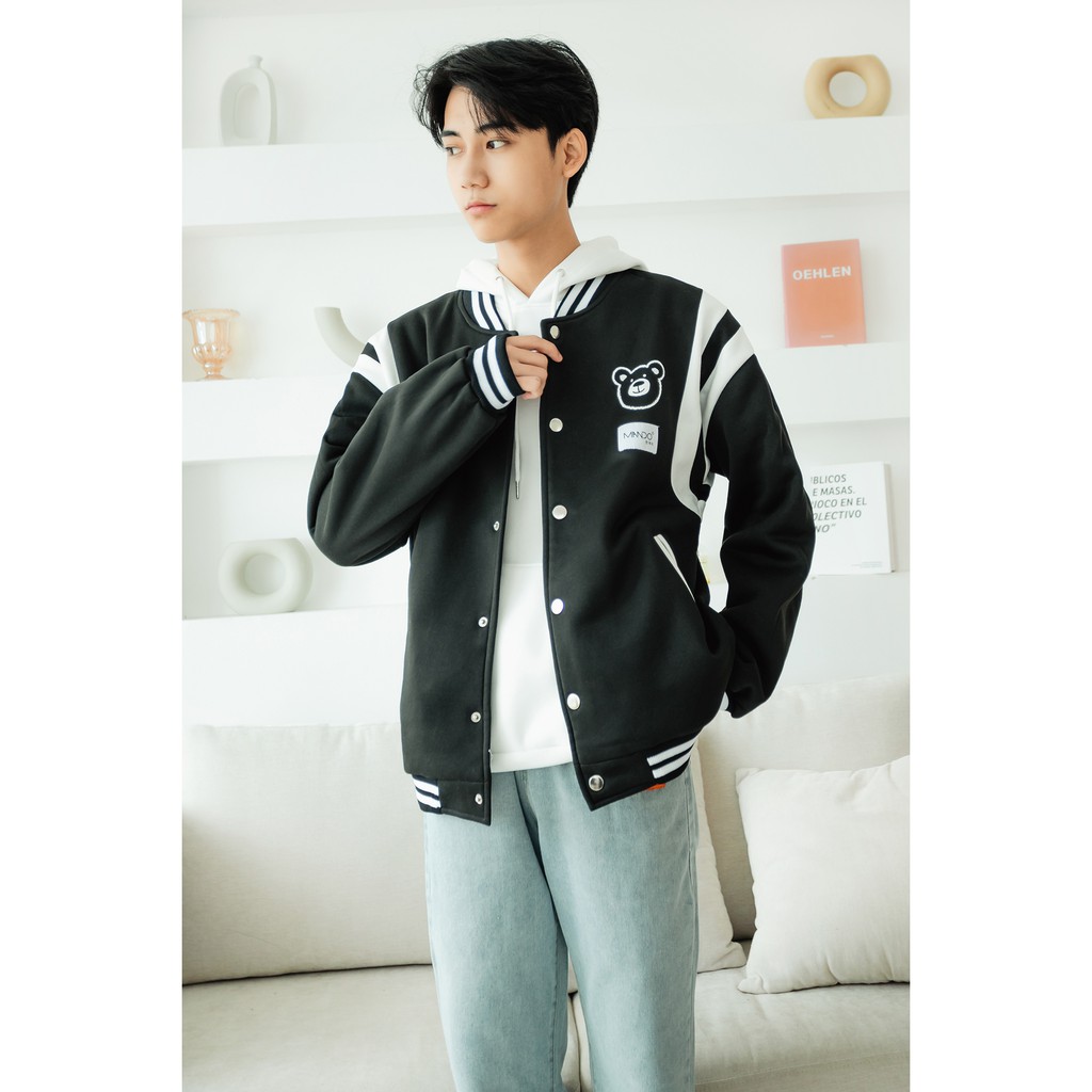 Áo Khoác Bomber Varsity Nỉ Gấu Nam MANDO, Áo Thể Thao Nỉ Bông Cao Cấp Dáng Rộng Basic Varsity Thời Trang Hàn Quốc NDN082