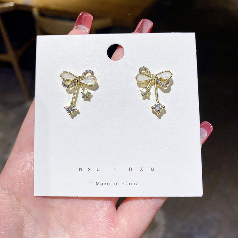 Bông tai trang trí hình nơ đính đá xinh xắn cho nữ