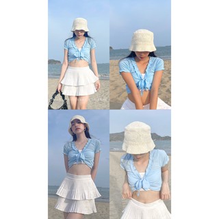 Áo croptop bầu ngực cột nơ siêu xinh xanh trắng đen - Rosie Bae