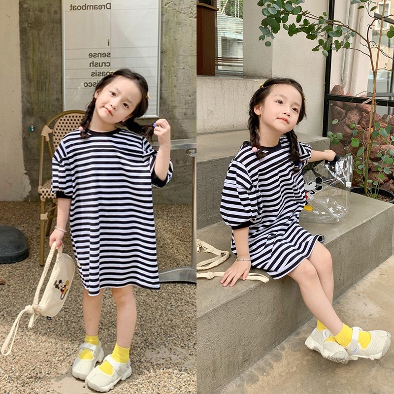 Đầm Thun Tay Lửng Họa Tiết Kẻ Sọc Thời Trang Xuân Hè Mới Cho Bé Gái