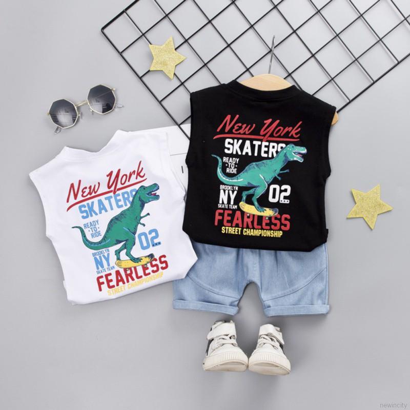 Bộ áo sát nách in họa tiết khủng long + quần short denim cho bé trai