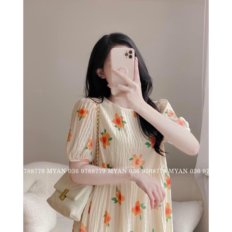 Váy Bầu dáng suông dài rộng họa tiết  Hoa Cam sang chảnh V340