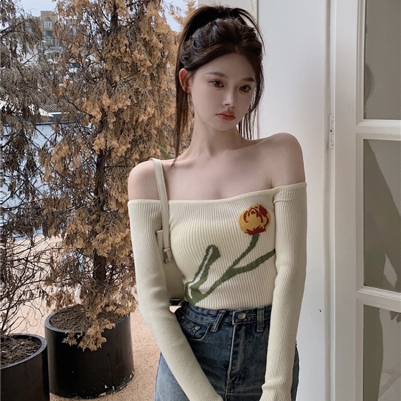 ÁO LEN THÊU HOA TRỄ VAI NỮ DÀI TAY ULZZANG