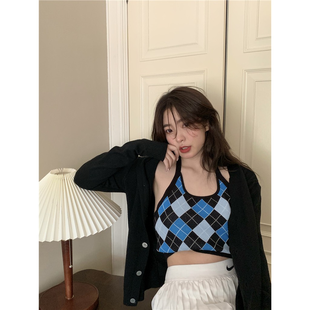 Cocory vn Áo Hai Dây Dệt Kim Hoạ Tiết Kẻ Caro Gợi Cảm Thời Trang Mùa Hè Cho Phụ Nữ