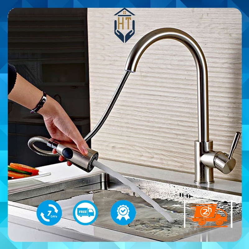 Vòi rửa chén, bát dây kéo rút inox 304 + tặng cặp dây cấp nước nóng lạnh