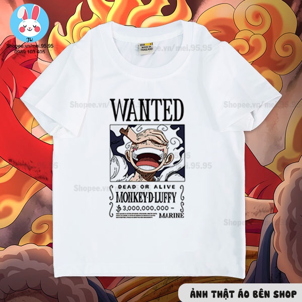 Áo one piece luffy mũ rơm gear 5 màu trắng cổ tròn tay ngắn,áo thun lệnh truy nã luffy cực nét