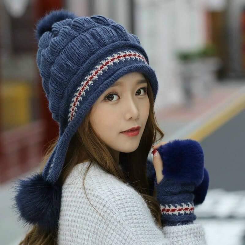 Set mũ len trùm đầu và găng tay đính quả bông Nón len quả bông cao cấp cho người lớn