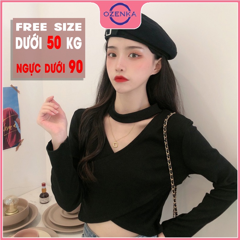 Áo croptop tay dài cổ v đắp chéo OZENKA , áo thu đông nữ đẹp len tăm cotton cao cấp màu đen trắng free size dưới 50 kg