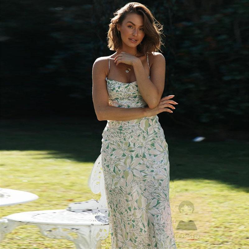 Đầm Hai Dây Mỏng Cổ Vuông In Họa Tiết Hoa Xinh Xắn Dành Cho Nữ