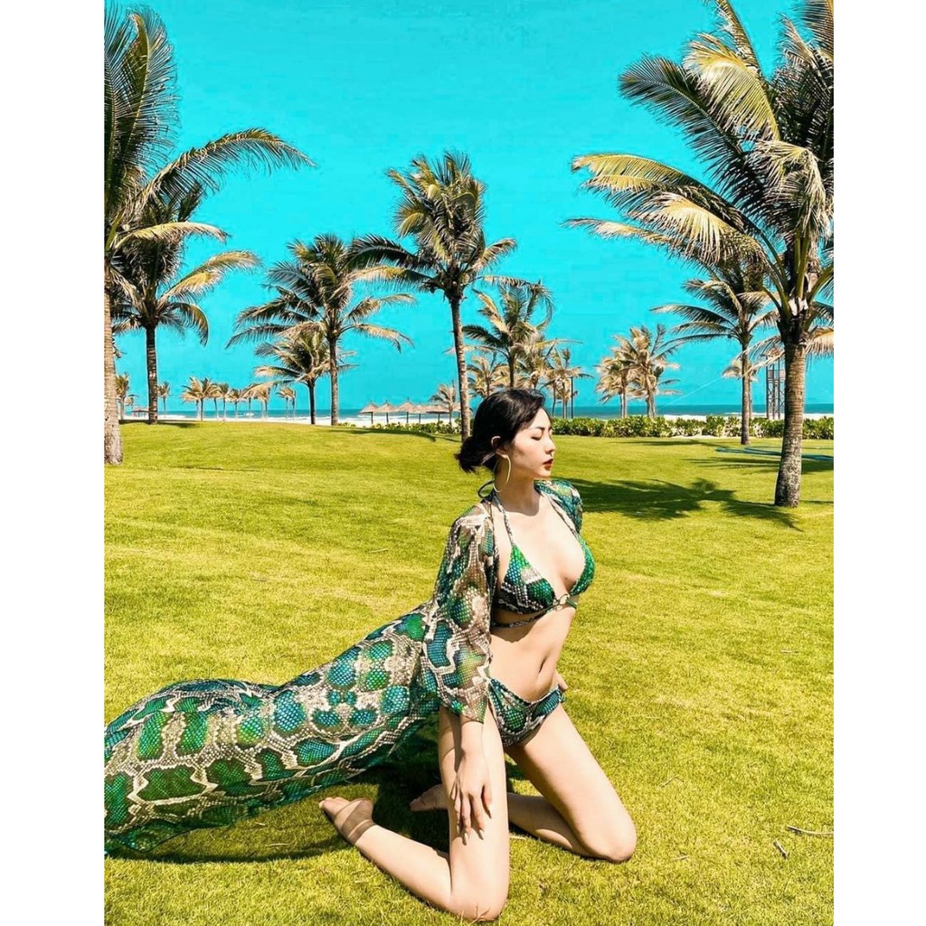 Set 3 chi tiết bikini áo choàng họa tiết đi biển, set đồ bơi tam giác buộc dây SAVVY high quality Korean swimwear