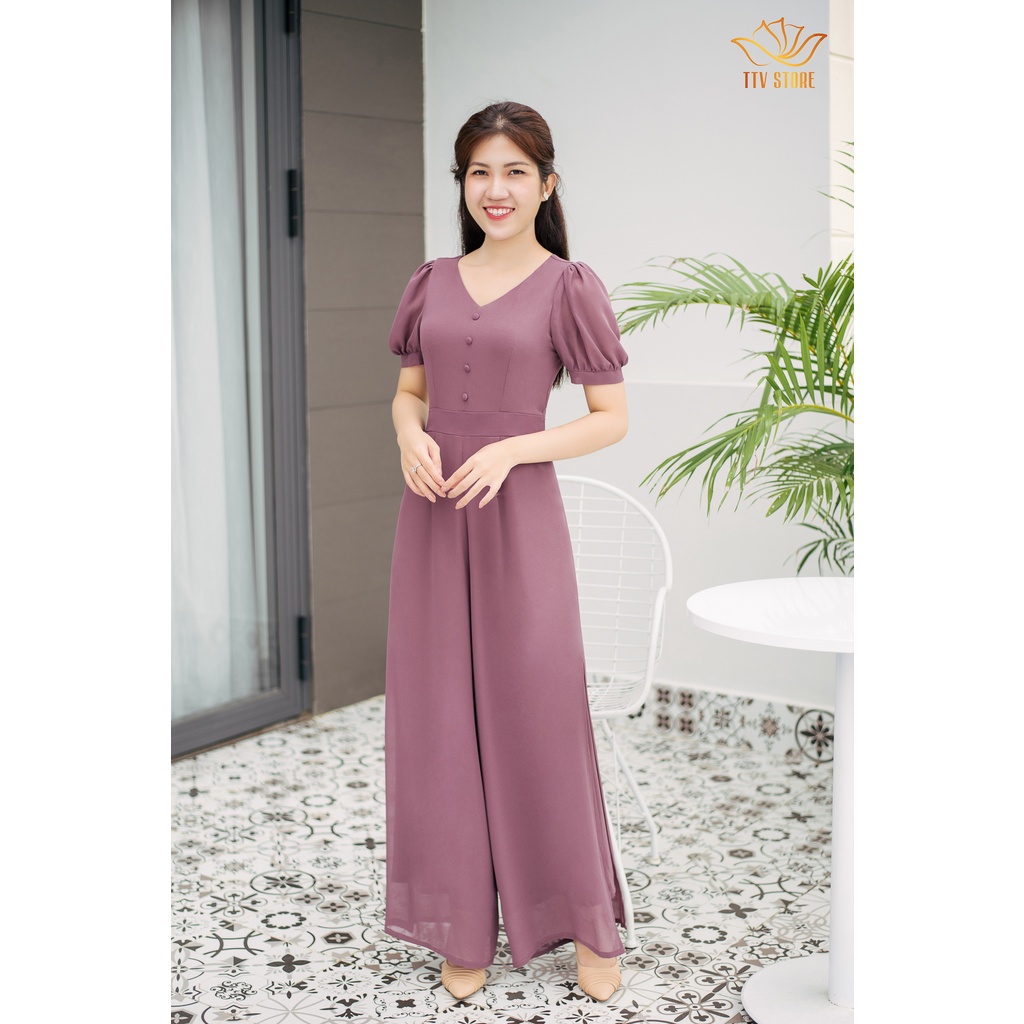 Bộ liền jump trung niên, công sởp - Cổ tim kết nút tay bo - Tím môn - TTV678 TTV Store