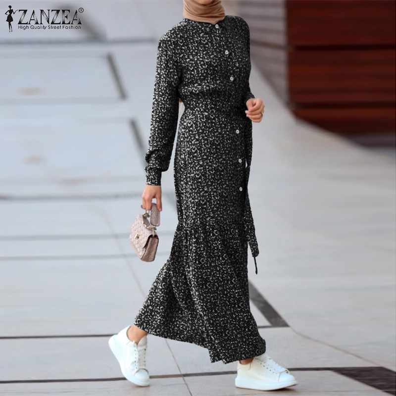 Đầm maxi ZANZEA dài tay in hoa phong cách Hồi giáo thời trang cho nữ