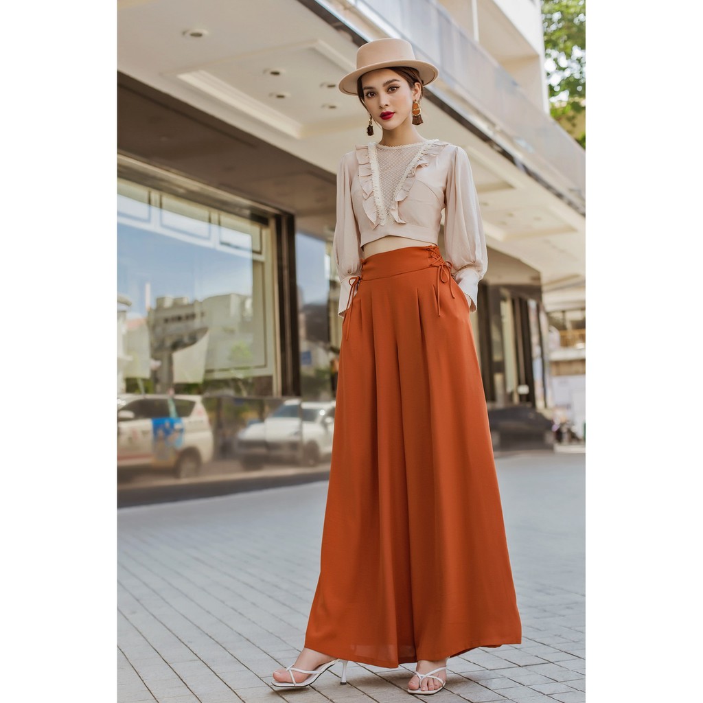 SÒ VINTAGE - FRILL Quần ống rộng đan dây cạp eo có khóa kéo