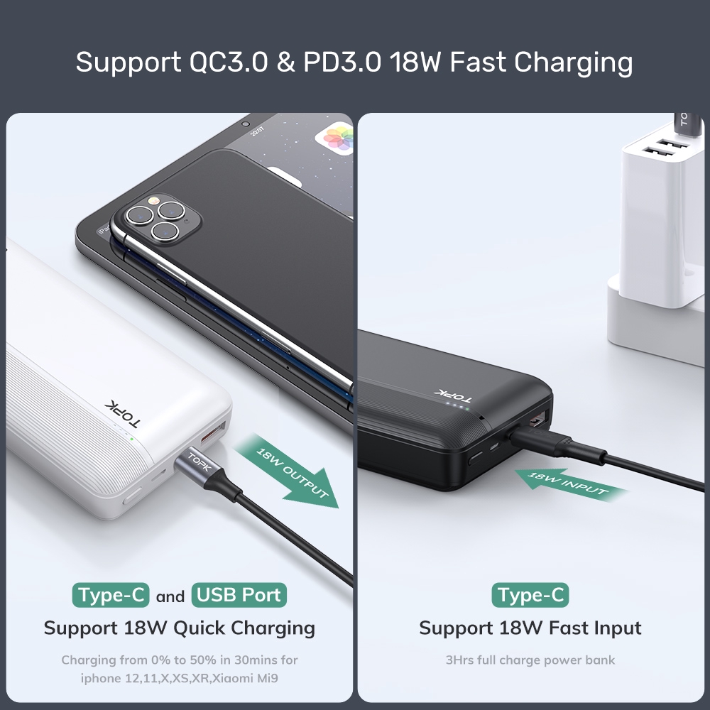 Sạc dự phòng TOPK I2015P 18W 20000mAh cho HUAWEI Samsung Xiaomi OPPO Vivo Realme