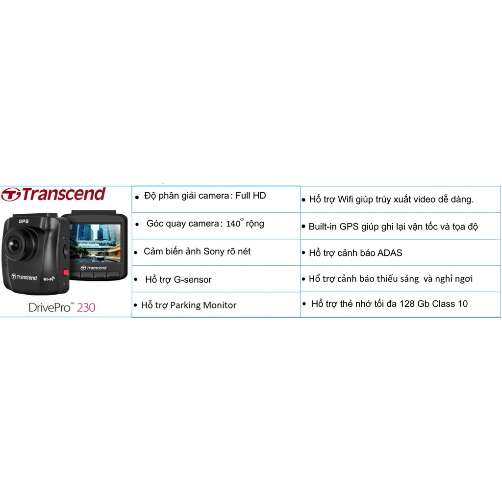 [Hỗ trợ lắp đặt nội thành HCM] CAMERA HÀNH TRÌNH TRANSCEND DP 230 + Thẻ nhớ 32GB