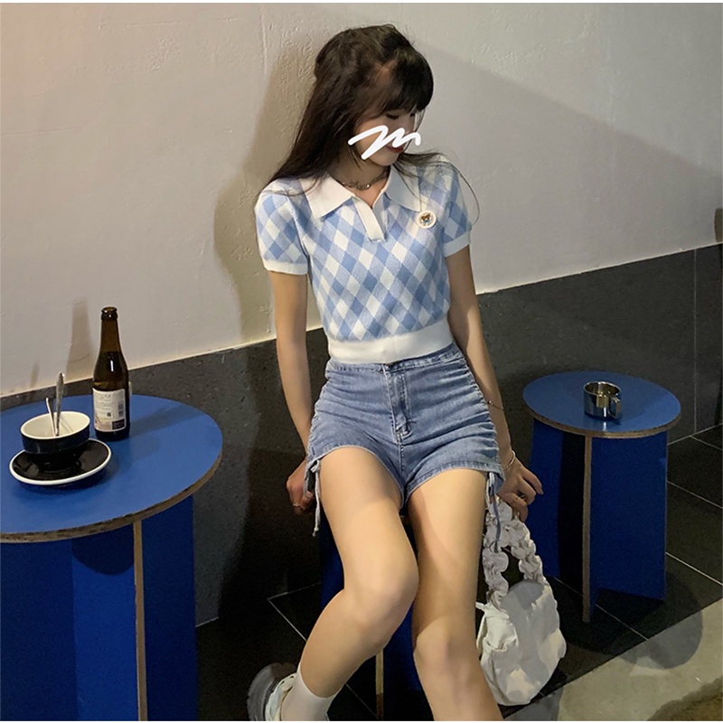 Áo croptop XIAOZHAINV tay ngắn cổ chữ V họa tiết kẻ sọc thiết kế thời trang mùa hè dễ thương dành cho nữ