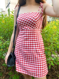 Đầm caro cột hai dây nơ