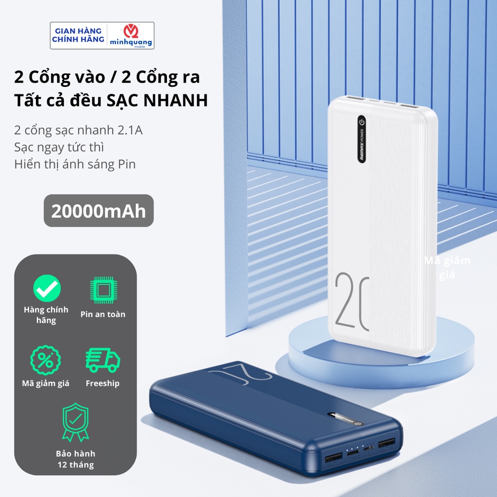 Sạc Dự Phòng Remax RPP-296 20000mAh, Sạc Cực Nhanh, Sạc Được Nhiều Thiết Bị Cùng Lúc