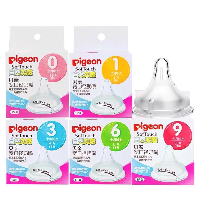 Núm Ti Pigeon Đủ Size SS/S/M/L/LL/LLL Dùng Cho Bình Sữa Pigeon Cổ Rộng PPSU Và Thuỷ Tinh 120/240 ML, Không BPA