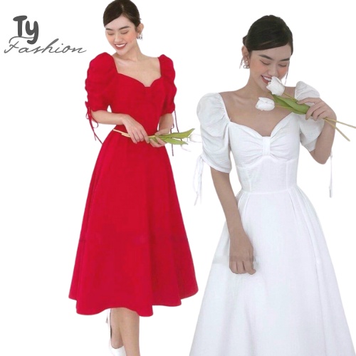 Đầm Đỏ Dự Tiệc Cổ Vuông Ty Fashion Tay Nhún Dây Rút SML