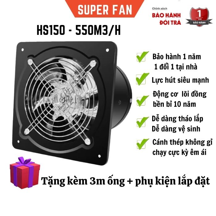 Quạt hút thông gió gắn tường nối ống HS150 hút bếp, cấp khí tươi, hút khí thải khí nóng phòng trọ, phòng ngủ, nhà vệ sin