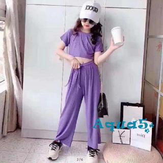 Set áo croptop tay ngắn và quần dài lưng cao cho bé gái
