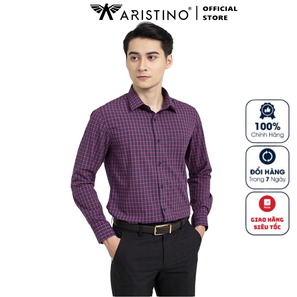 Áo Sơ Mi Nam Dài Tay ARISTINO ALS22601 Somi Công Sở Cao Cấp Màu Xanh Tím Than Kẻ Cam Chất Liệu Sợi Sồi Dáng Suông Có Túi