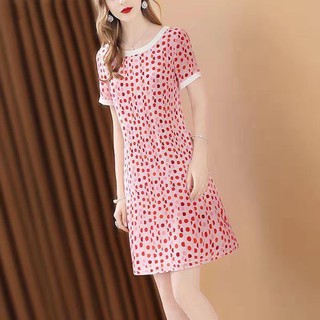 Váy suông cổ tròn phối viền trắng họa tiết chấm bi màu tươi tắn