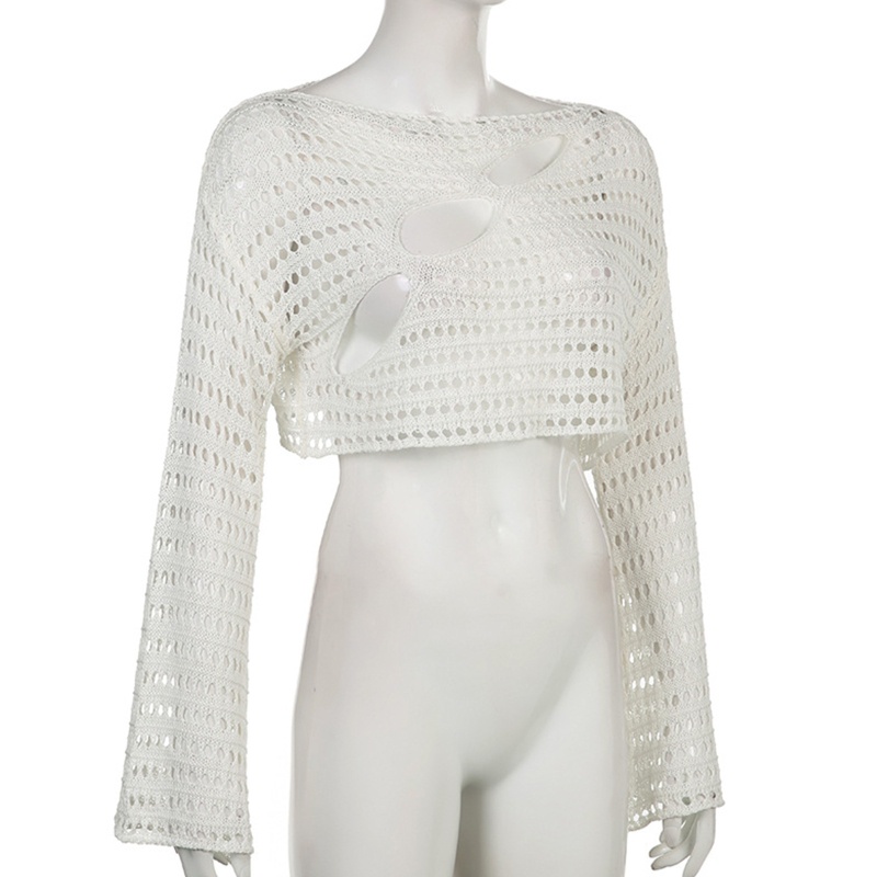 Brroa Áo Crop Top Dệt Kim Tay Loe Dài Phối Lưới Xuyên Thấu Gợi Cảm Cho Nữ Blous