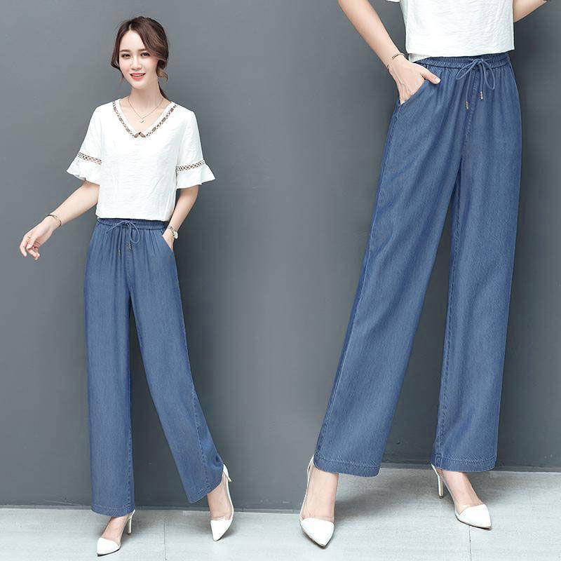 Spring and summer new straight legs imitation tencel jeans women's wide tube high waistband high size pleated trousers silk ribbon wide | BigBuy360 - bigbuy360.vn
