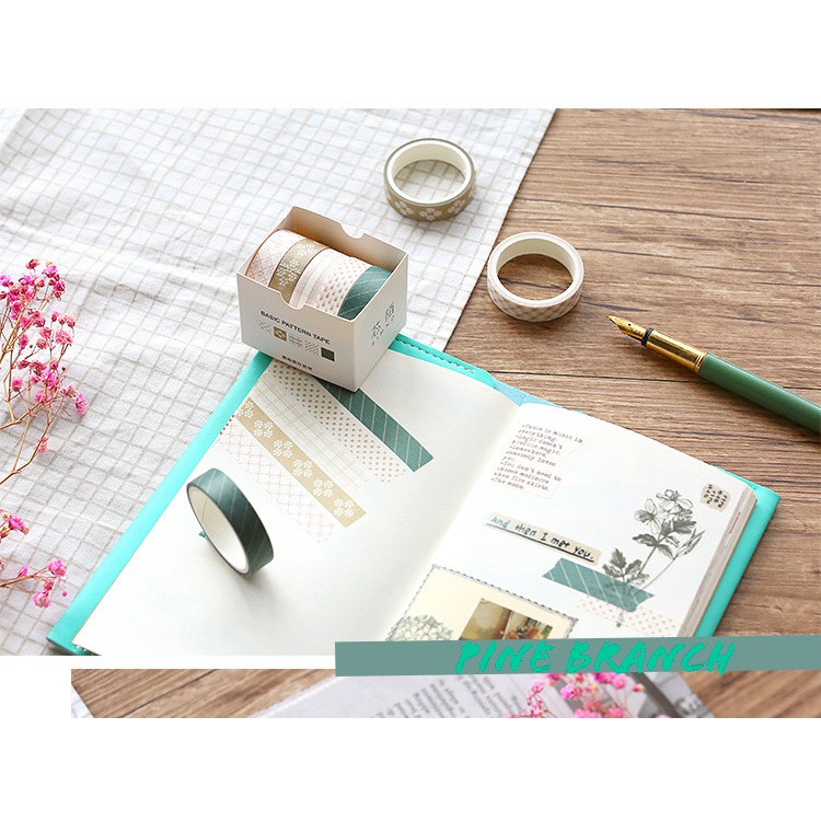 Set 5 cuộn Washi Tape 10mm x 3m màu Pastel hoa văn trang nhã