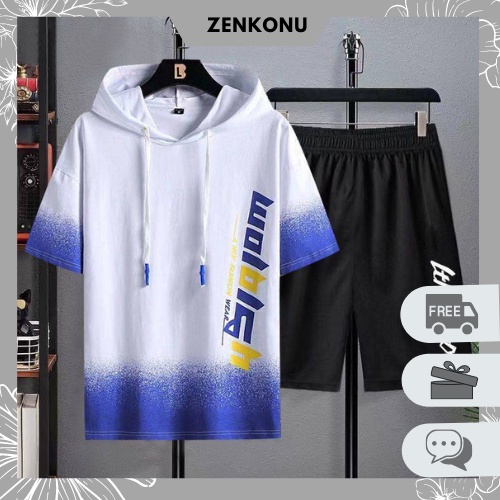Bộ Đồ Nam Mùa Hè Áo Thun Ngắn Tay Có Mũ In Họa Tiết Chữ Thời Trang Zenkonu QA NAM 114